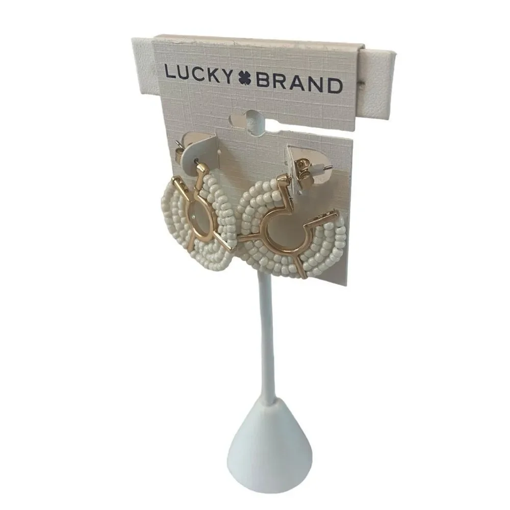 Creme & Matte Gold Toned Beaded Hoop Earrings.